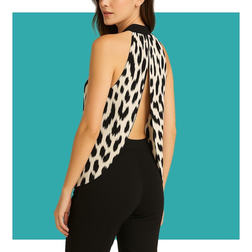 Lush Open Back Black and Off White Leopard Animal Print Halter Top